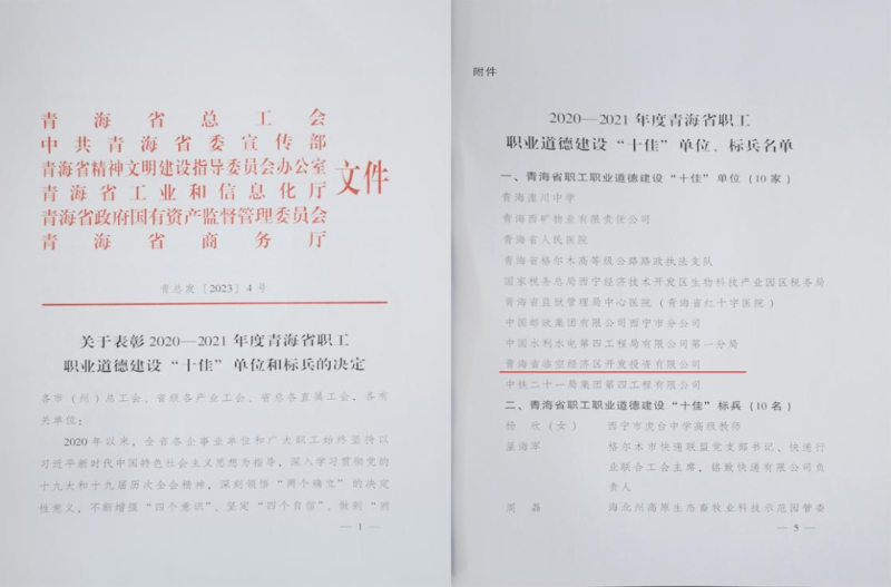 青海省臨空經(jīng)濟區(qū)開發(fā)投資有限公司榮獲青海省職工職業(yè)道德建設(shè)“十佳”單位